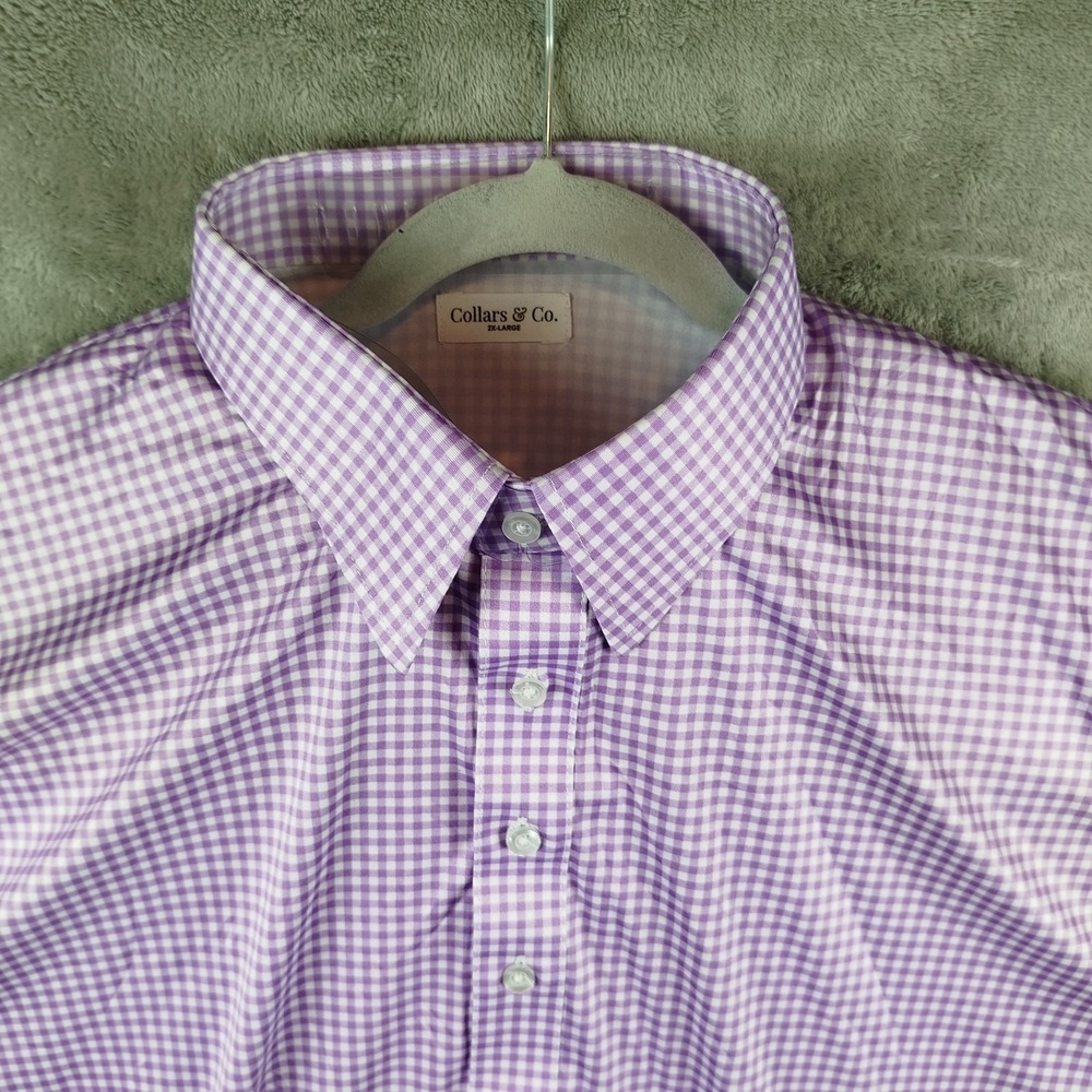 NWOT Collars And Co Polo Shirt Mens 2XL Purple Gingham Short Sleeve Dress Collar